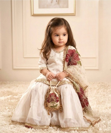 Teeya Creation New Kids Trendy Wedding Wear Traditional Kurta Sharara Set-White - Dista