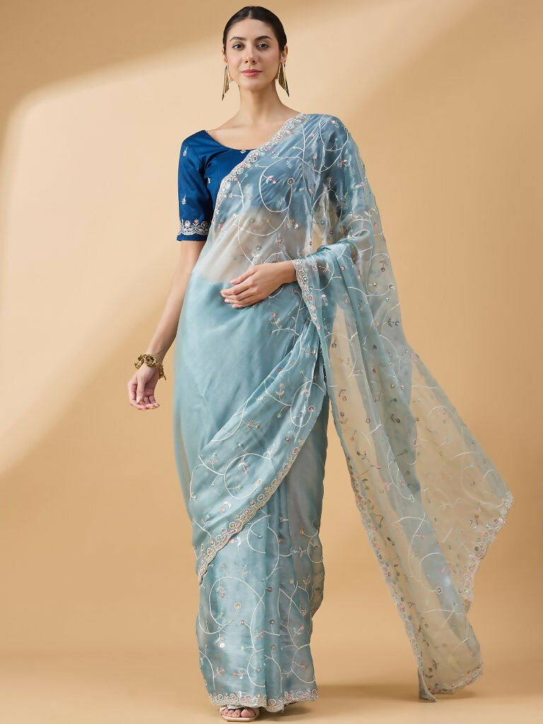 Blue Organza Sequence Embroidered Saree with Unstitched Blouse - Satya - Distacart