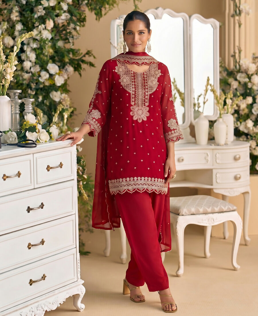 KC New Georgette Short Salwar Kameez Pakistani Style Red - Dista