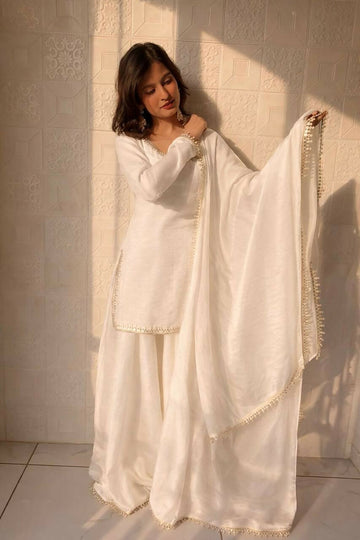 Teeya Creation Womens New Trending Less and Mirror Work Kurta Palazzo Set - White - Dista