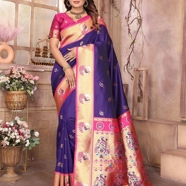 Joban Fashion Paithani Purple Woven Soft Silk Saree - Distacart