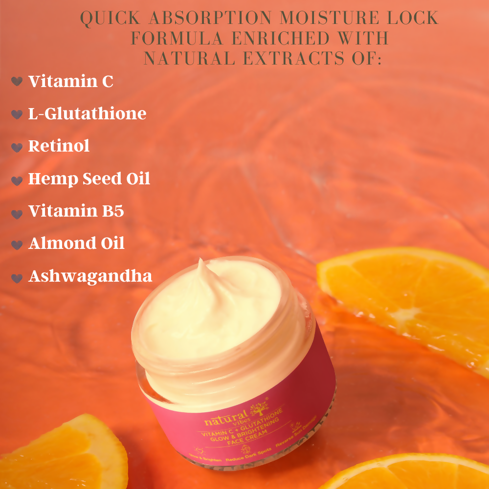 Natural Vibes Vitamin C + Glutathione Glow & Brightening Face Day & Night Cream - 50 gm Natural Vibes Vitamin C + Glutathione Glow & Brightening Face Day & Night Cream - 50 gm