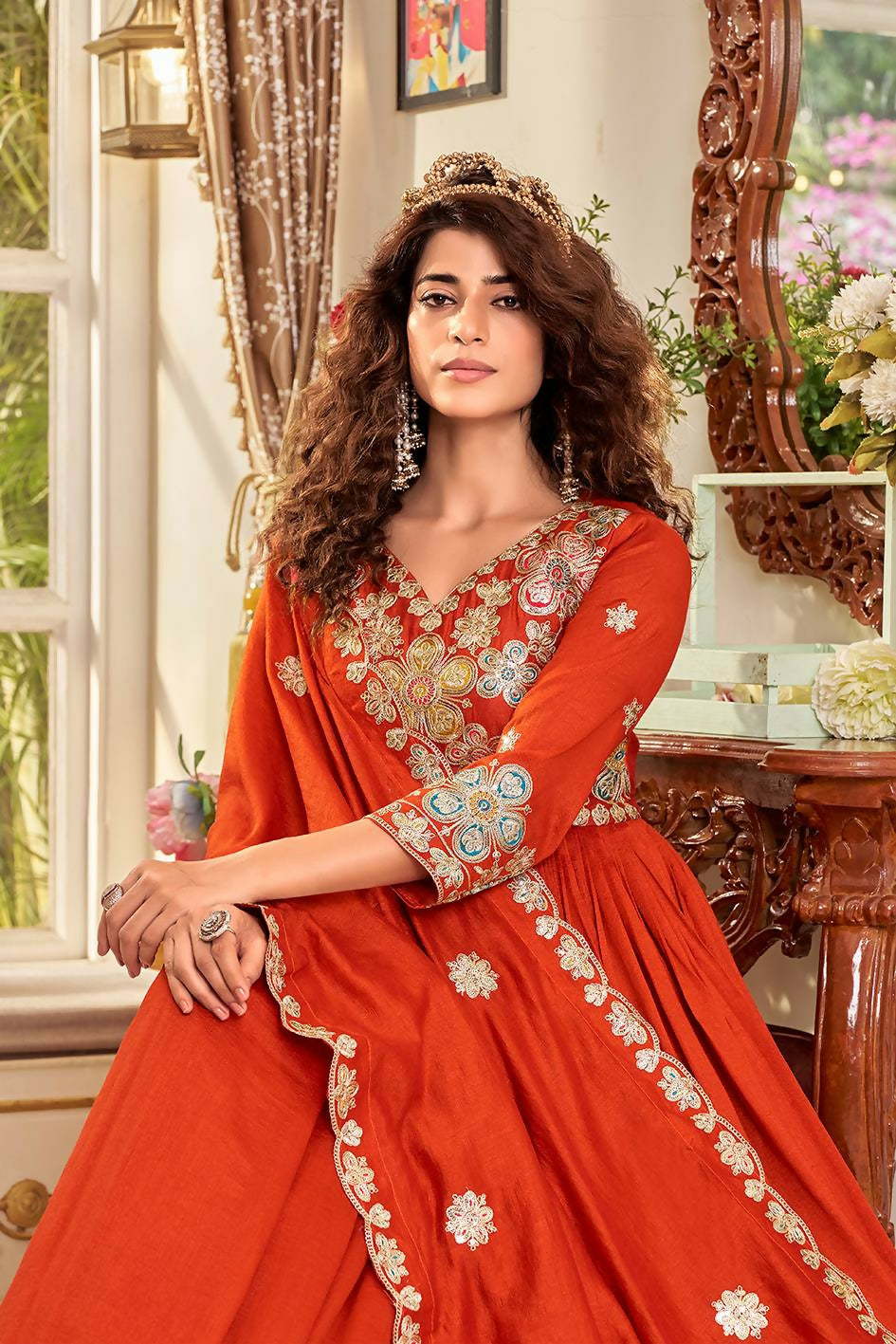 Teeya Creation Womens Casual Party Wear Heavy 5Mm Sequence Embroidery Work Gown Set - Dista
