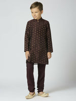 Thumbnail for Joban Fashion Kids Island Full Sleeves Chanderi Kurta, Pyjama Set with Traditional Butta Work - Brown - Distacart