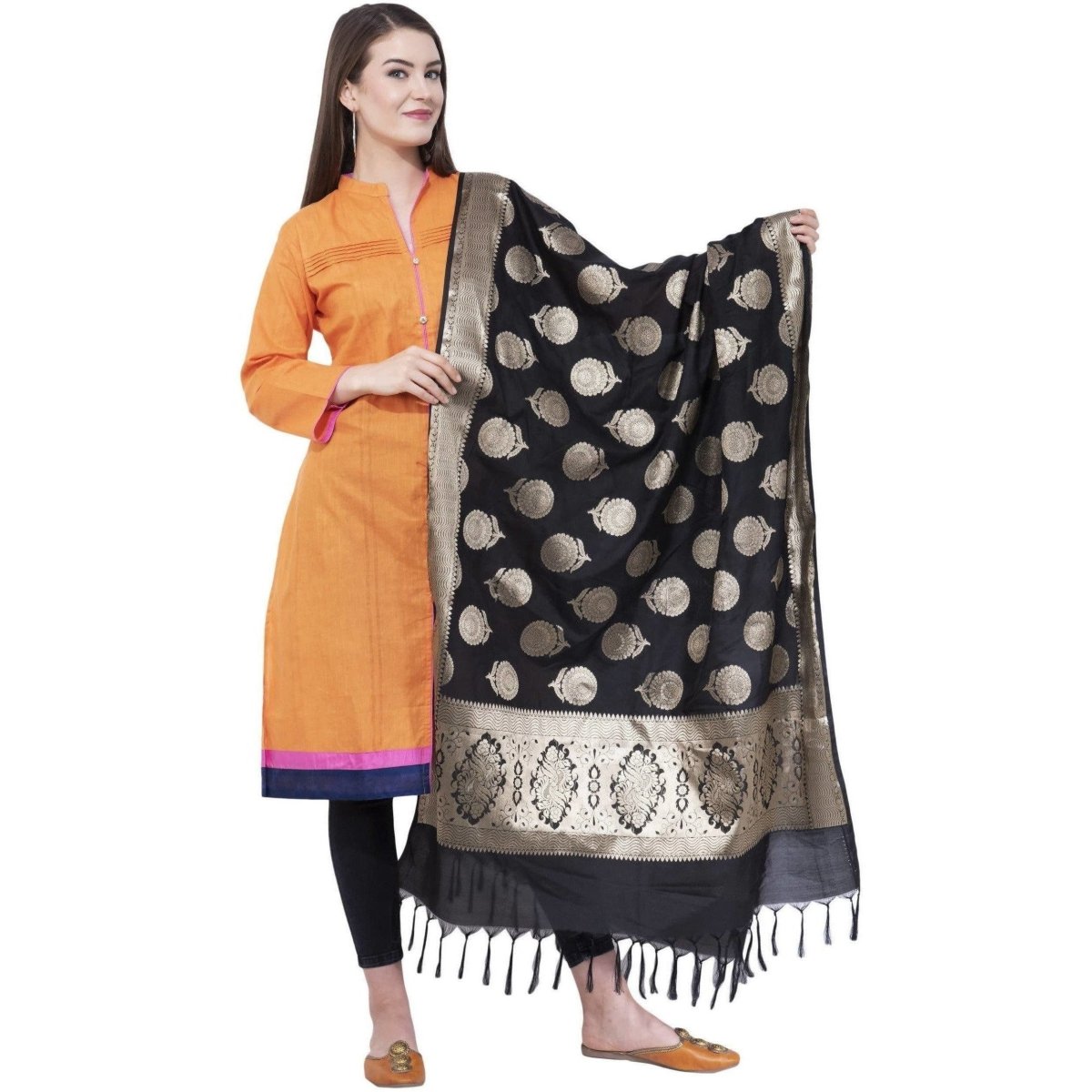 A R Silk Women's Zari Embroidery Vanarsi Silk Black Dupattas and Chunnis