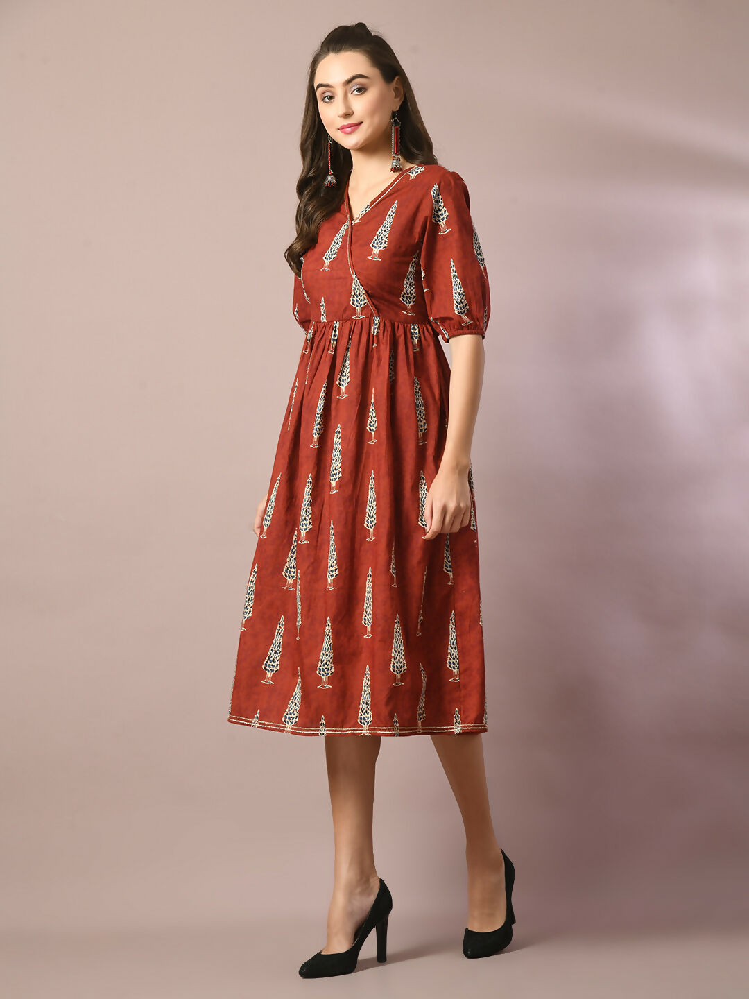 Myshka Women's Rust Printed Cotton V-Neck Empire Party Dress - Distacart