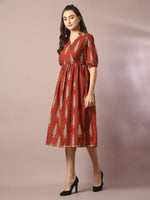 Thumbnail for Myshka Women's Rust Printed Cotton V-Neck Empire Party Dress - Distacart