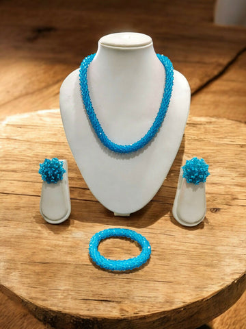 Inhanns Complete Look Crystal Statement 3-Piece Set (Adjustable Necklace + Earrings + Adjustable Bangle ) - Sky Blue - Distacart