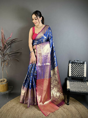 Prime Volt Pure Handloom Kanjivaram Katan Silk Saree with Antique Zari & Contrast Pallu-Royal Blue - Dista