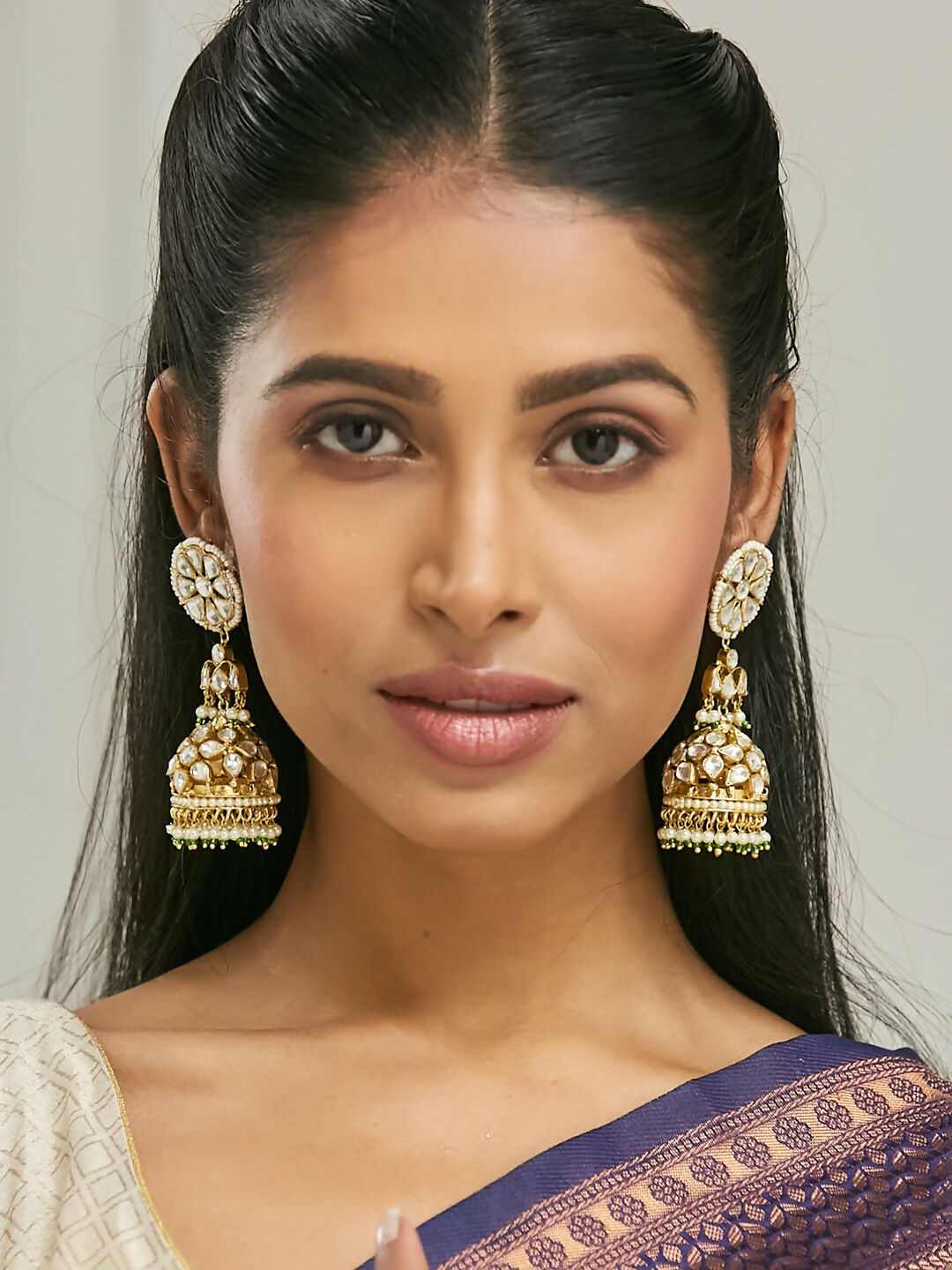 Nuyug 22K Gold-Plated Kundan Stone Studded & Pearl Beaded Dome Shaped Jhumkas