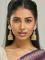 Thumbnail for Nuyug 22K Gold-Plated Kundan Stone Studded & Pearl Beaded Dome Shaped Jhumkas