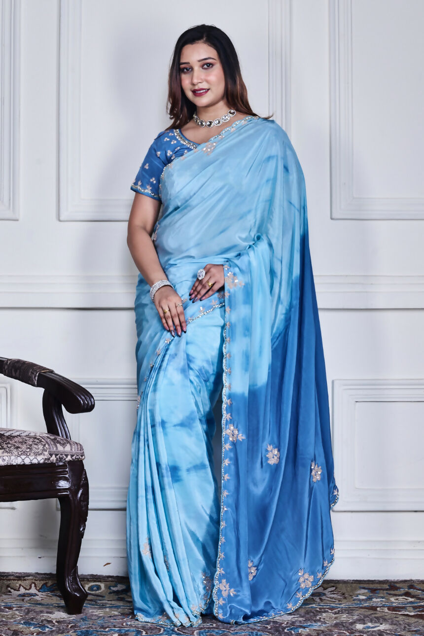 Morchari Sky Blue Crepe Hand Embroidery Saree And Stitched Blouse - Distacart