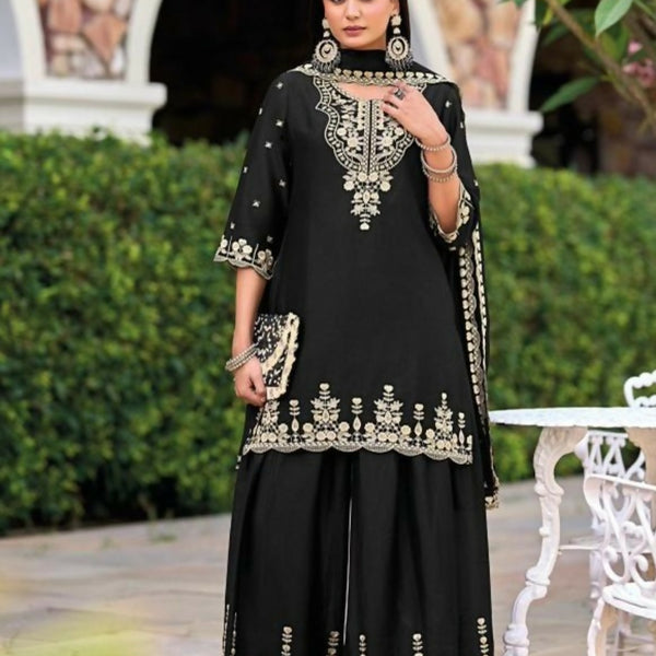 Anaita Black Chinon Readymade Palazzo Suit with Heavy Embroidery Work - Distacart