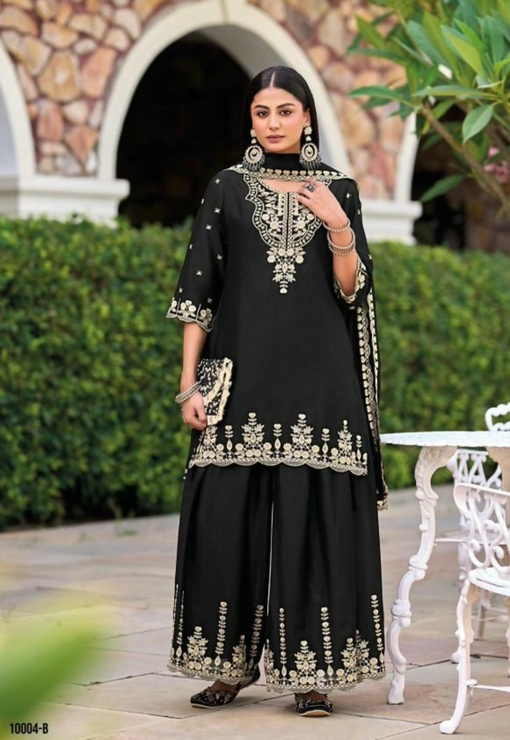 Anaita Black Chinon Readymade Palazzo Suit with Heavy Embroidery Work - Distacart