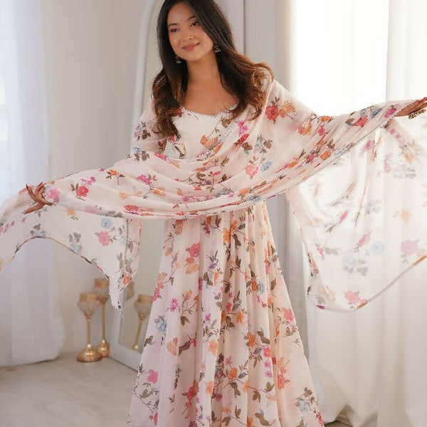 Teeya Creation Cream Faux Georgette Digital Print Party Wear Long Gown - Distacart