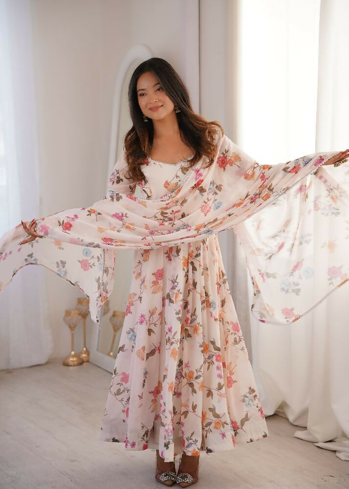 Teeya Creation Cream Faux Georgette Digital Print Party Wear Long Gown - Distacart