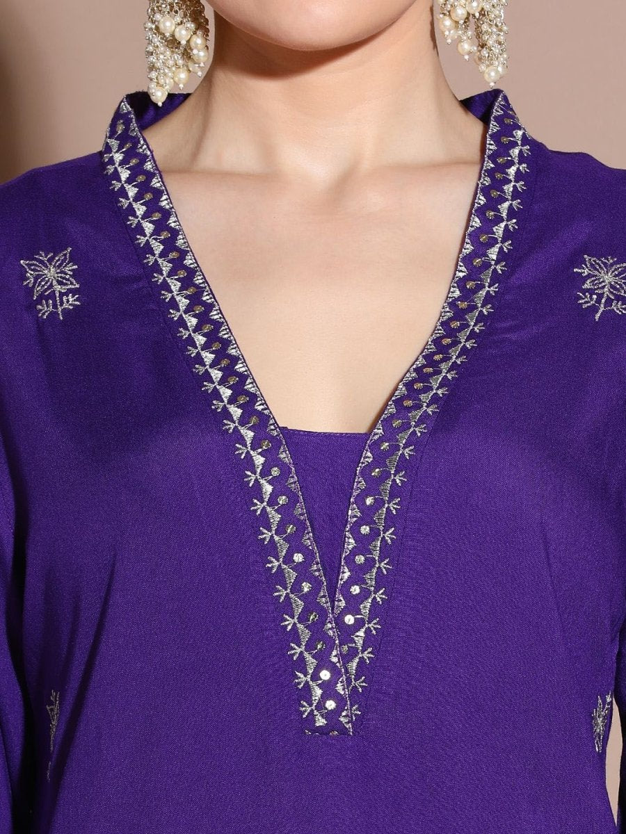 Anouk Floral Embroidered Regular Thread Work Straight Kurta with Palazzos & Dupatta - Distacart