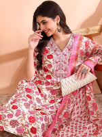 Thumbnail for Ode by House of Pataudi Floral Printed Pure Cotton Straight Kurta with Trousers & Dupatta - Distacart