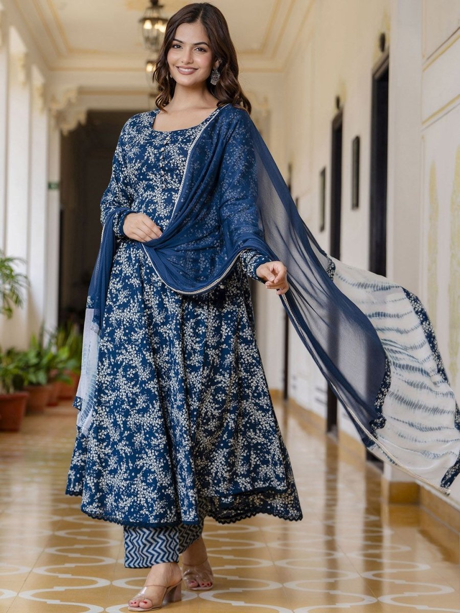 Anouk Blue Floral Printed Empire Pure Cotton Anarkali Kurta With Pyjama & Dupatta - Distacart