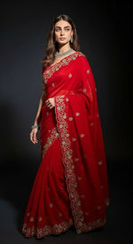 Thumbnail for Joban Fashion Red Fandy Satin Silk Party Wear Sarees - Distacart