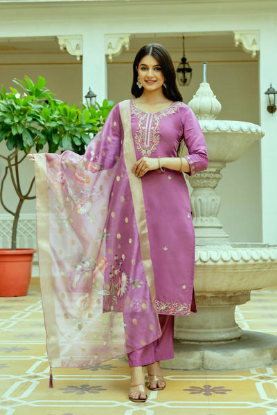 Preksha Creation Light Pink Viscose Chanderi Silk Embroidered Beads Kurta Set With Dupatta And Pant