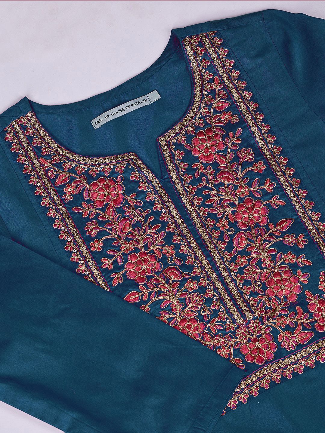 Ode by House of Pataudi Blue Ethnic Motifs Embroidered Zari Kurta With Trousers & Dupatta - Distacart