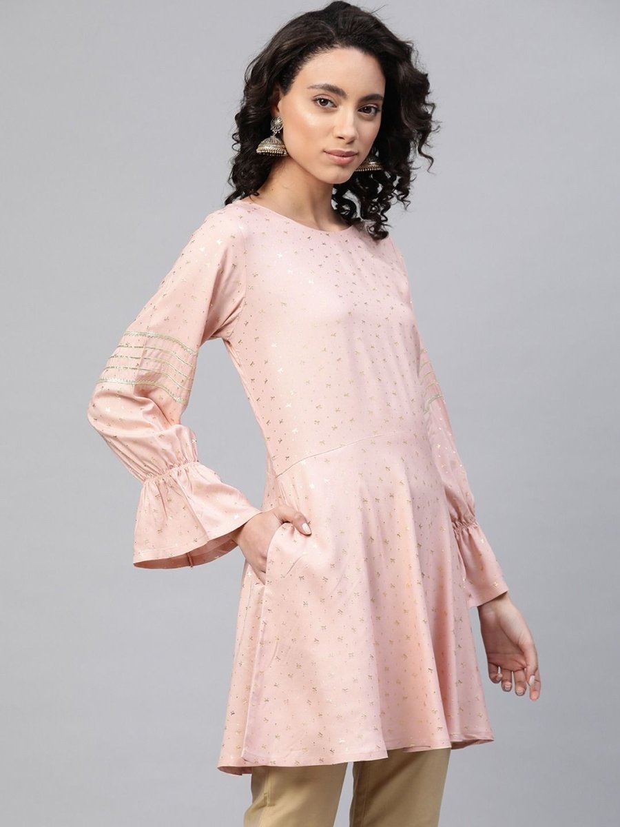 Ahalyaa Women Pink Rayon Golden Ethnic Print Tunic