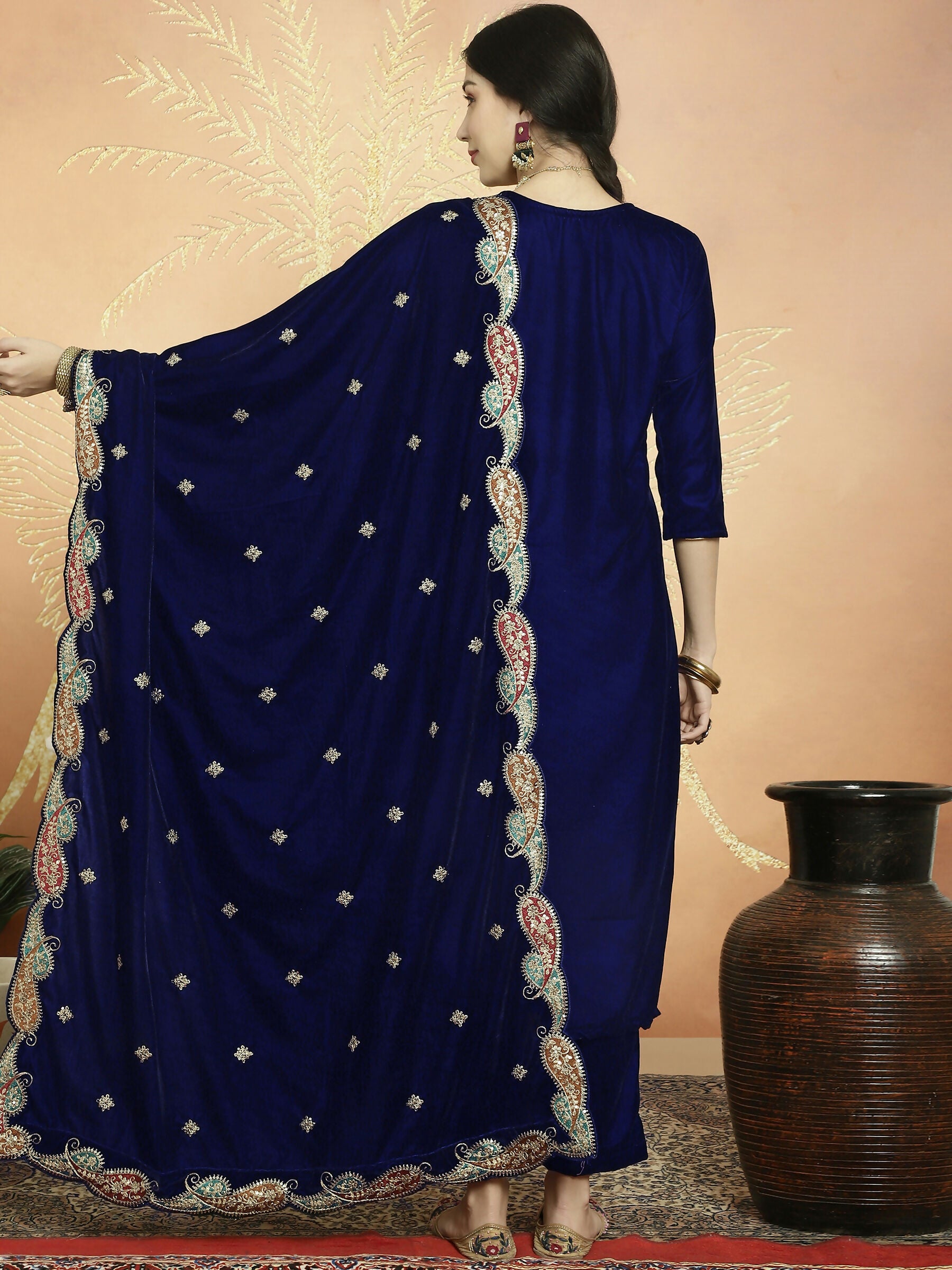 Jyoti Fashion Women's Navy Blue Velvet Cording with Resham Thread & Sequin Kurta with Trouser & Dupatta - Distacart