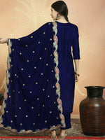 Thumbnail for Jyoti Fashion Women's Navy Blue Velvet Cording with Resham Thread & Sequin Kurta with Trouser & Dupatta - Distacart