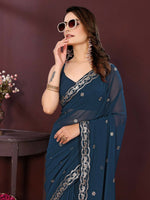 Thumbnail for Ai Fashion Teal Soft Georgette Embroidery Party Wear Saree