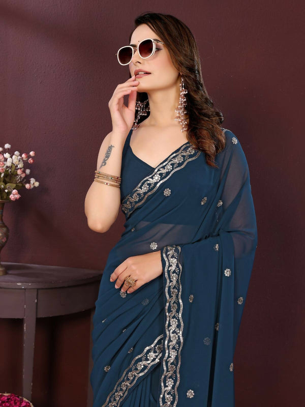 Ai Fashion Teal Soft Georgette Embroidery Party Wear Saree