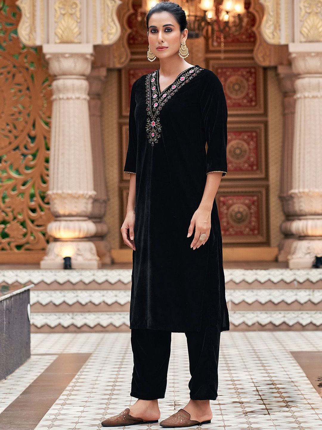 Kalini Floral Embroidered Sequinned Velvet Straight Kurta With Trousers & Dupatta