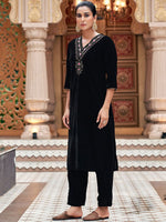 Thumbnail for Kalini Floral Embroidered Sequinned Velvet Straight Kurta With Trousers & Dupatta
