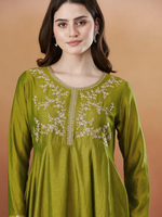 Thumbnail for The52 Light Green Women's Beautiful Vichitra Silk Fabric Embroidered Work Flared Anarkali Pant and Dupatta Set - Distacart