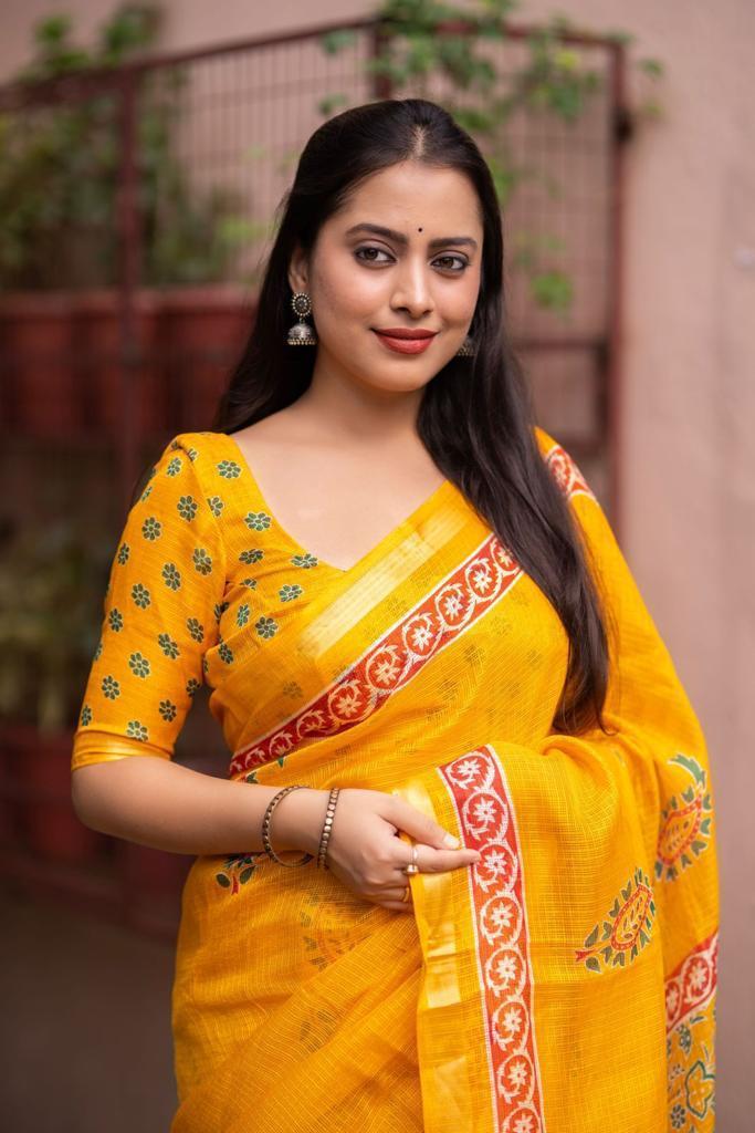 Mustard Silk Blend Geometric Saree with Unstitched Blouse - Hiral Fashion - Distacart