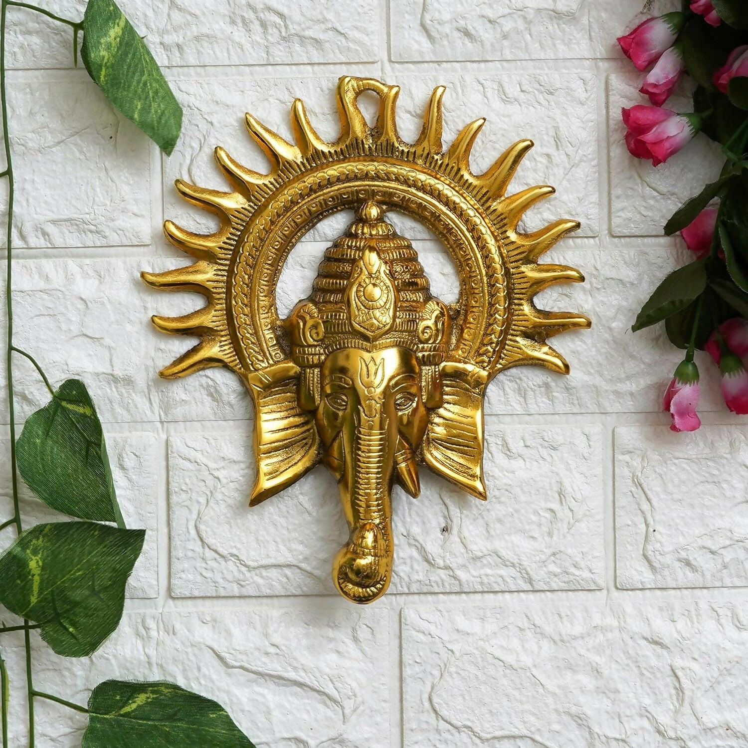 eCraftIndia Golden Lord Ganesha With Sun Decorative Metal Wall Hanging - Distacart