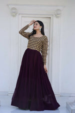 Thumbnail for Jyoti Fashion Women's Wine Sequence Zari Embroidered Faux Blooming Anarkali Dress - Distacart