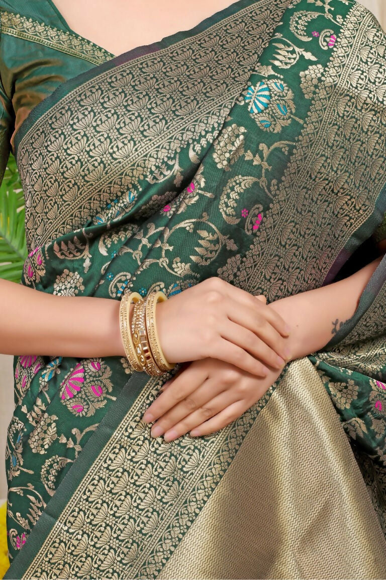 Jyoti Fashion Women's Bottle Green Kanjivaram Silk Zari Woven Saree with Blouse - Distacart