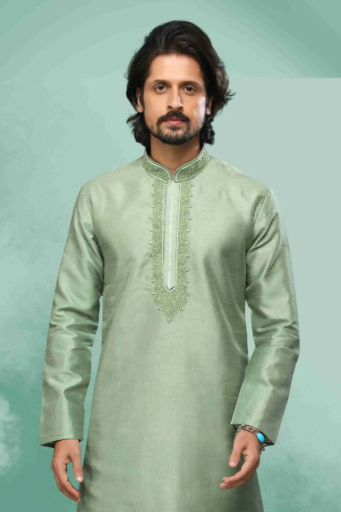 Raivat Ethnic Art Silk Mirror Embroidery Work Kurta Pajama In Light Green Colour - Dista