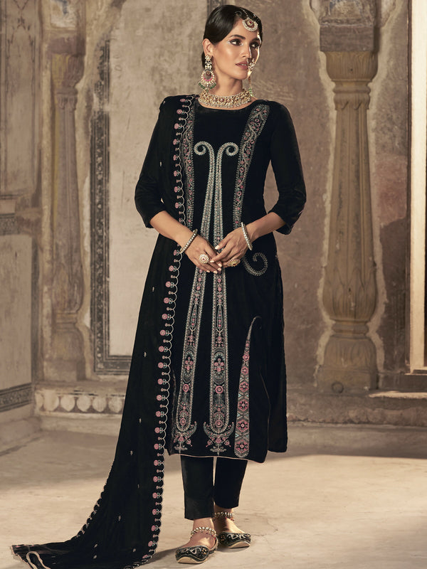 Jyoti Fashion Women's Black Velvet Floral Resham Thread with Jari work Kurta with Trouser & Dupatta - Distacart