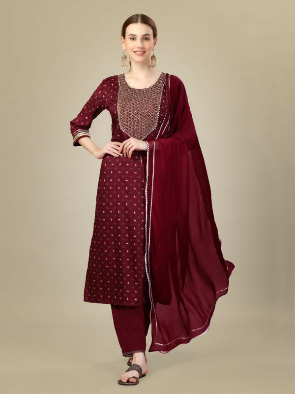 Jyoti Fashion Women's Maroon Silk Blend Embroidery & Sequence work Kurta with Trouser & Dupatta - Distacart
