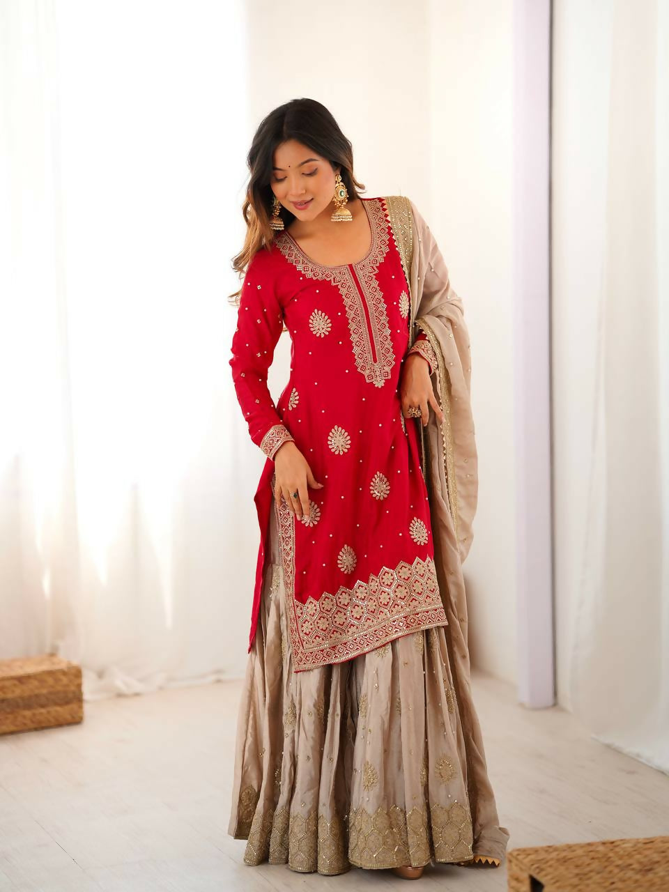 Lehenga Mart Designer Sharara Suit With Kurta, Sharara, Dupatta For Women-Red - Distacart