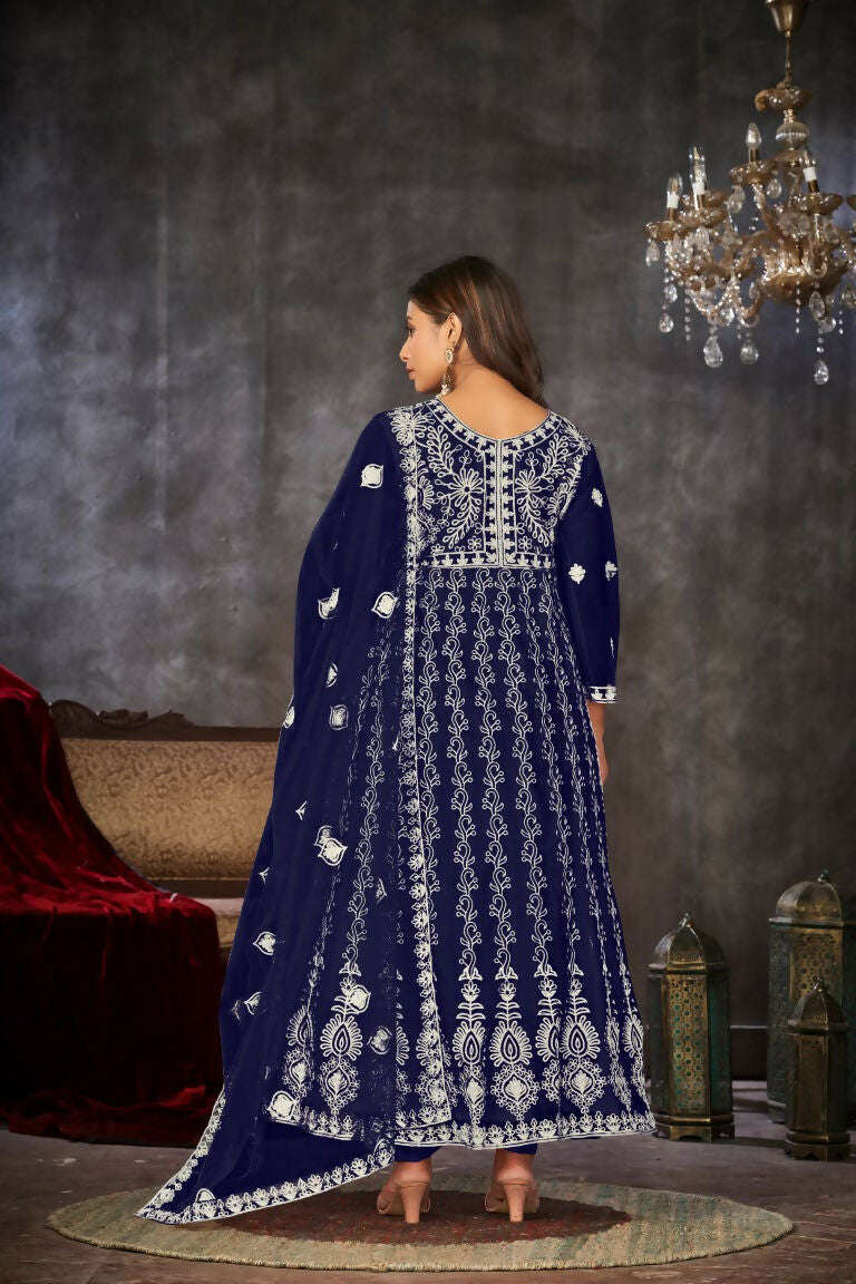 Jyoti Fashion Women's Blue Net Embroidered Anarkali Kurta Pant Set With Dupatta - Distacart