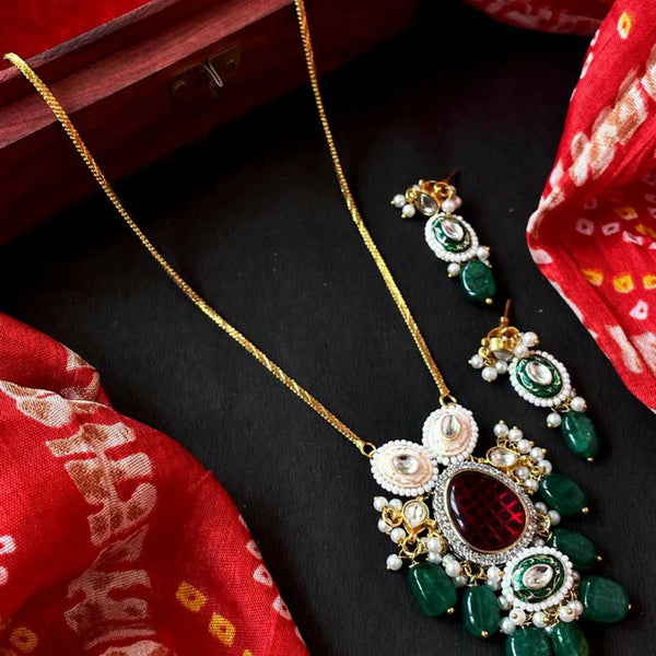 Joban Fashion Green Brass Monalisa Jade Stone With Kundan Meenakari Pendant Chain Necklace With Earring Set - Distacart