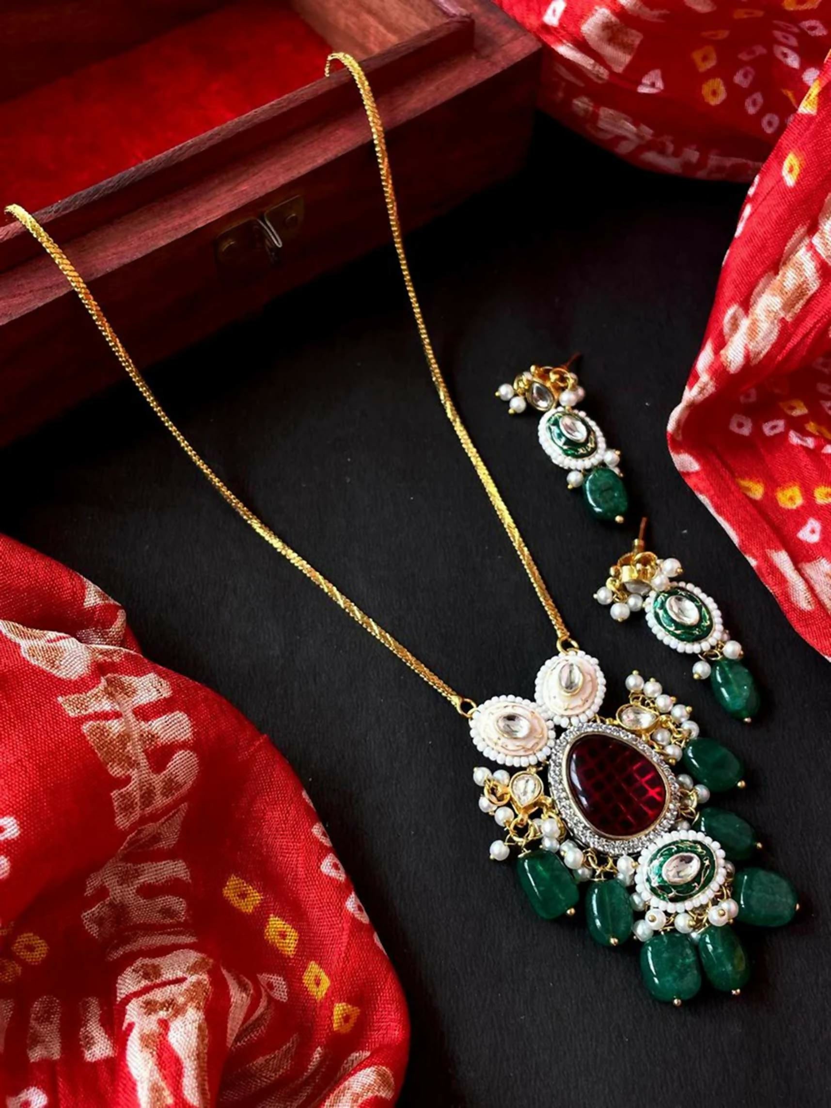 Joban Fashion Green Brass Monalisa Jade Stone With Kundan Meenakari Pendant Chain Necklace With Earring Set - Distacart