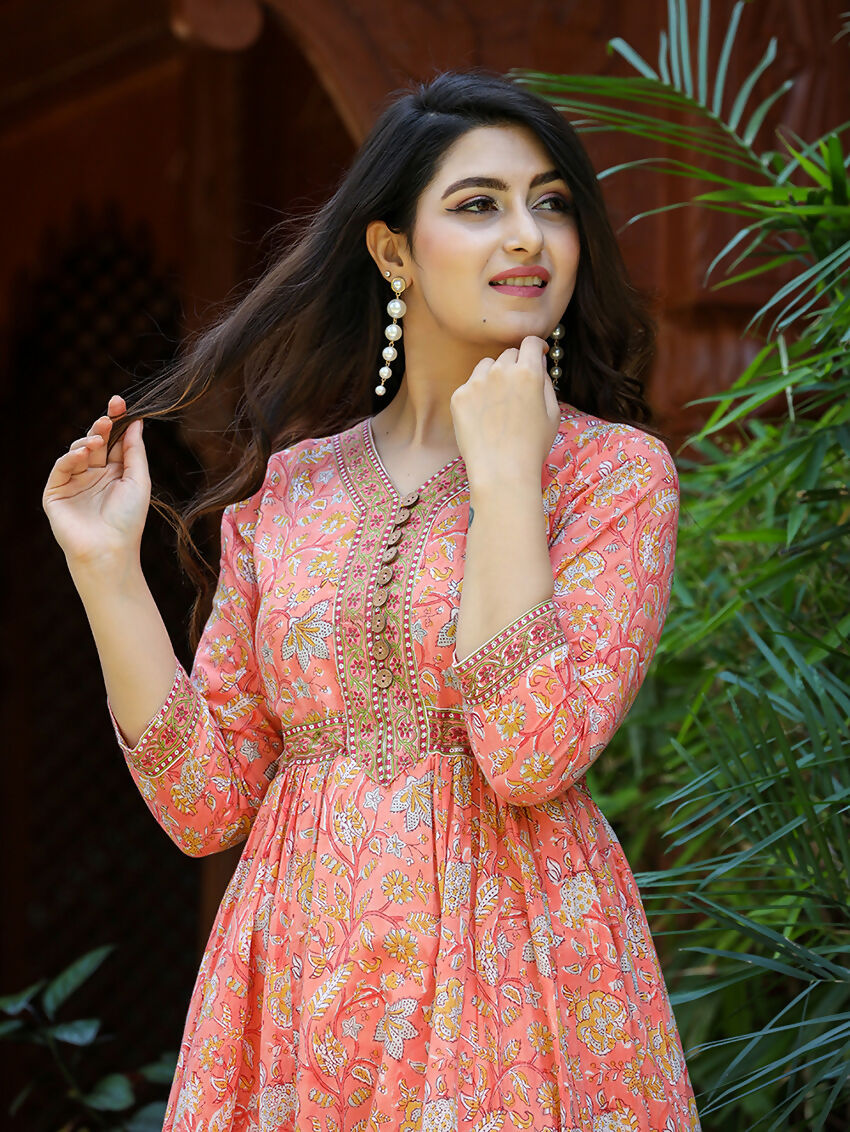 Kaajh Women's Light Orange Floral Handblock Printed Cotton Dress - Distacart