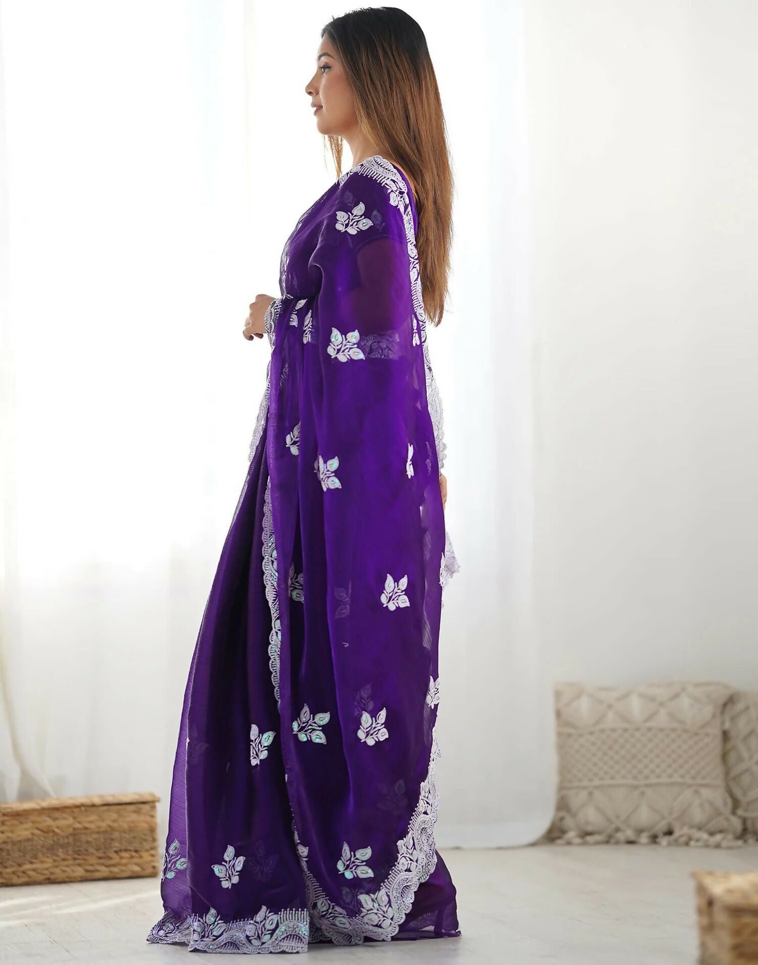 Joban Fashion Shimmer Chiffon Pastel Purple Color Sequence Saree