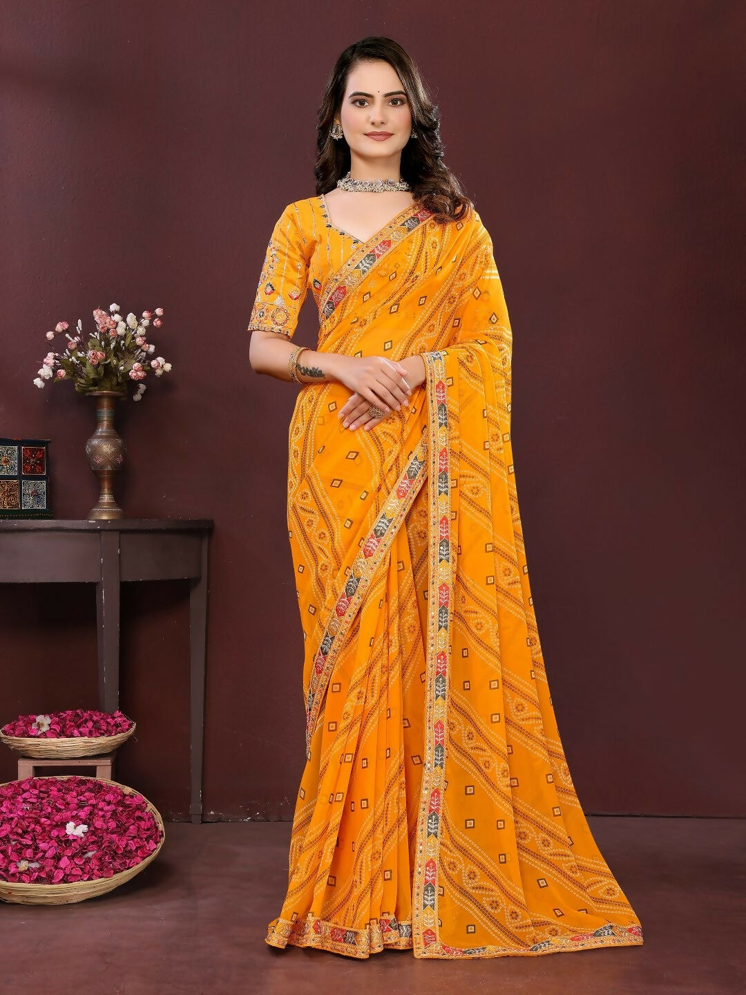 Ai Fashion Yellow Georgette Digital Print Party Wear Saree