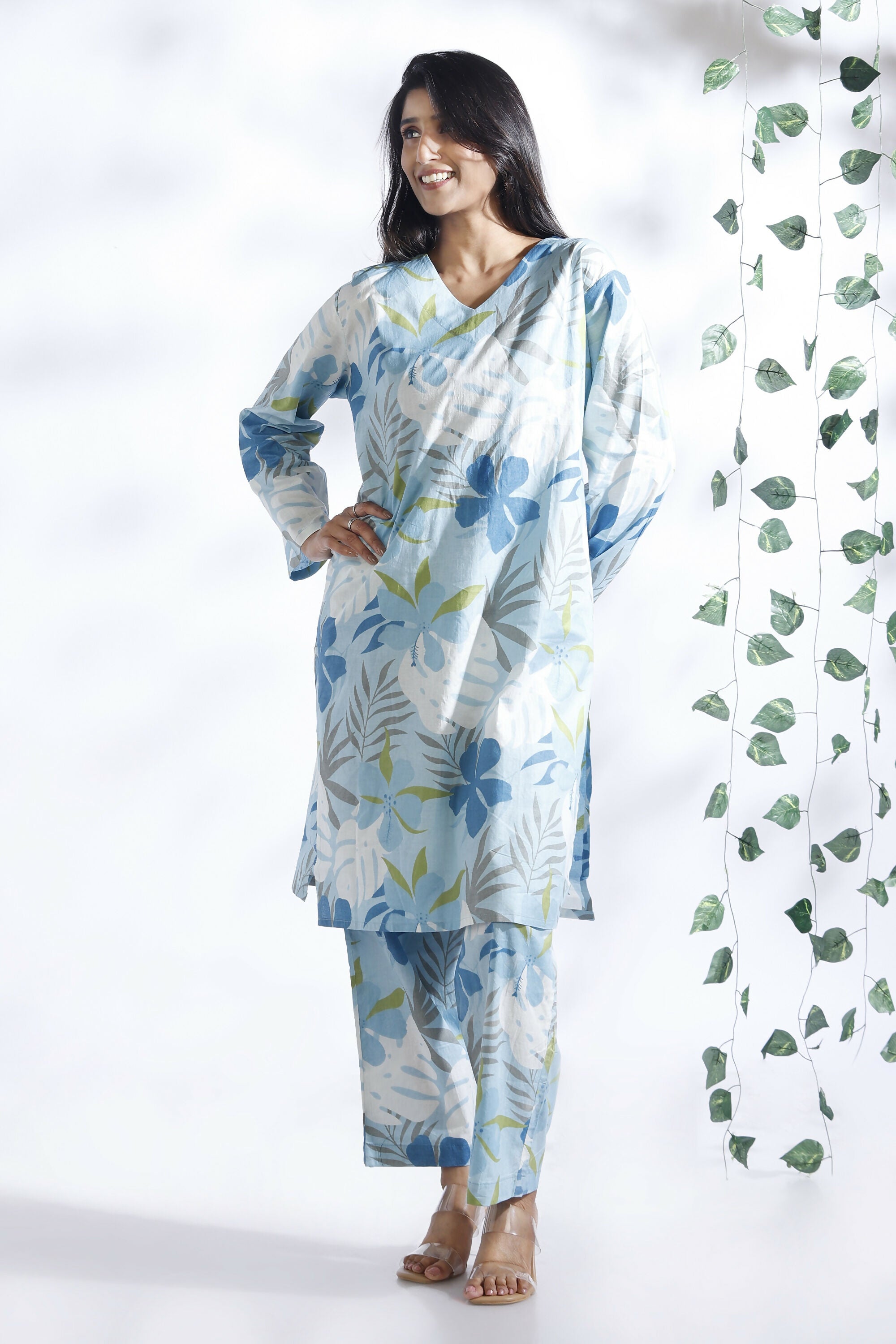 Breathables Blue Floral Print Cotton Long Kurta Co-Ord Set Cotton - Dista