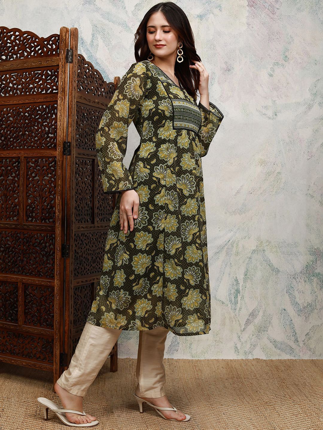 Vishudh Floral Printed V-Neck Lace & Gathered Detail A-Line Kurta